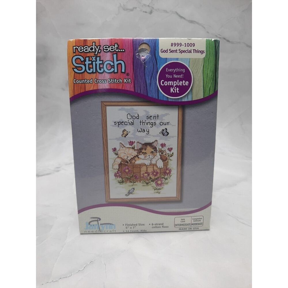 New Janlynn Counted Cross Stitch Kit God Sent Special Things Cat Flowers 5x7